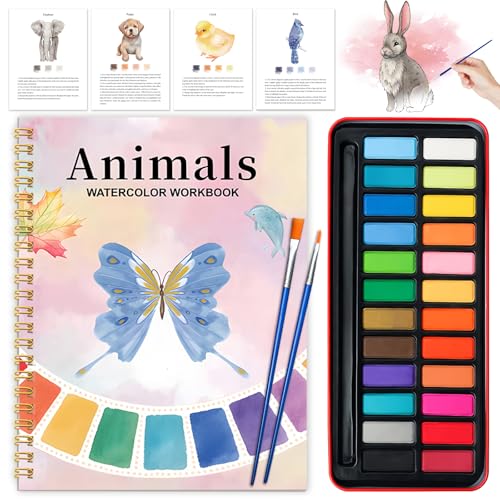 Cbcmpica Watercolor Workbook - Coloring Book Beginner Friendly Painting Kit, Watercolor Workbooks for Adults with 24 Colors Paint, Exploration Gift for Adults Teens (Animals) - Image 1