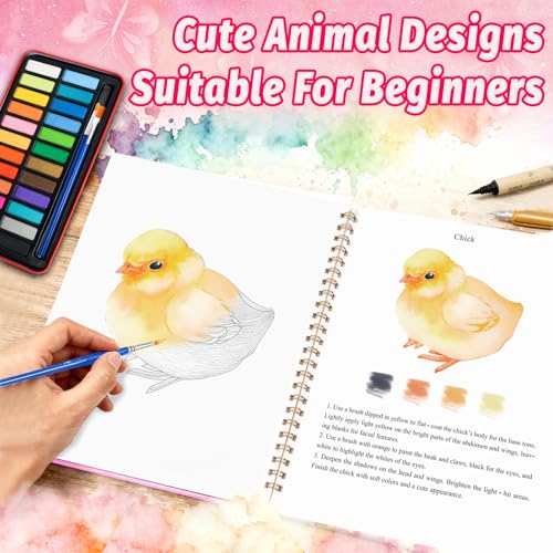 Cbcmpica Watercolor Workbook - Coloring Book Beginner Friendly Painting Kit, Watercolor Workbooks for Adults with 24 Colors Paint, Exploration Gift for Adults Teens (Animals) - Image 3