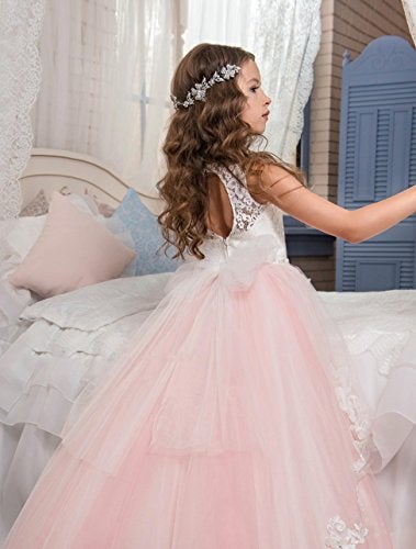 PLwedding Fancy Flower Girl Dress Kids Lace Applique Pageant Party Ball Gown Blush Pink Size 6 - Image 2