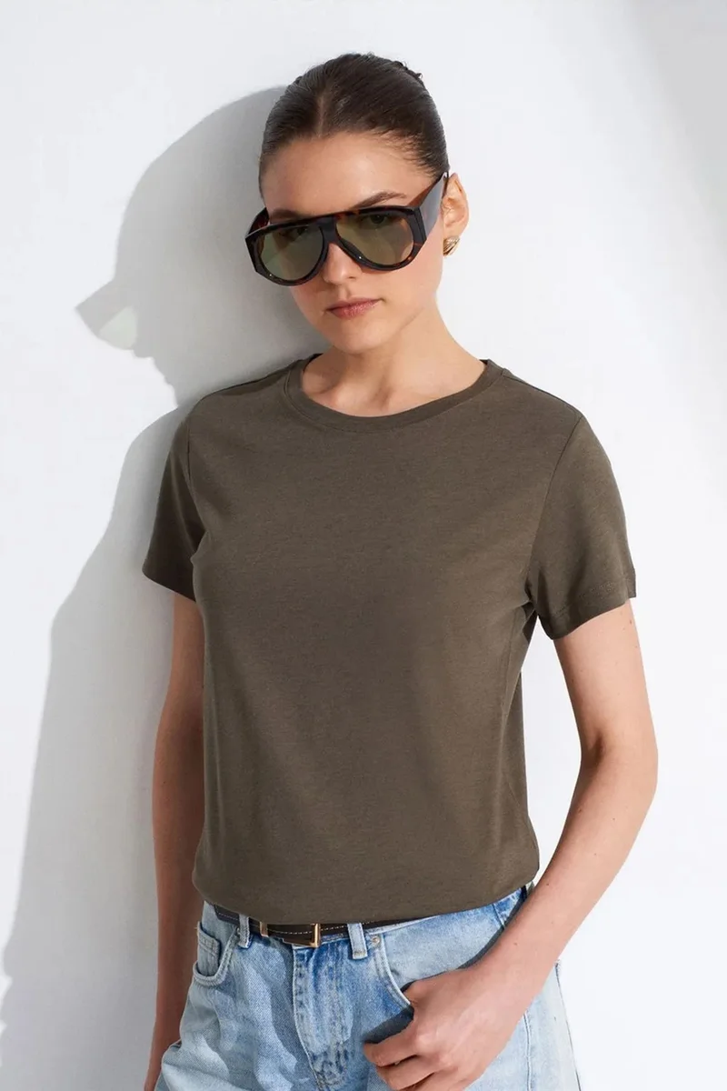 Dilvin Khaki Green DILVIN Women's Crew Neck Short Sleeve T-Shirt for Women | Best Price UAE