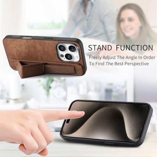 Omio Designed for iPhone 16 Pro Max Leather Case with Stand & Strap, Wrist Strap Leather Back Cover Hard PC Shockproof Finger Grip Case for Men Women Girls, Brown - Image 5