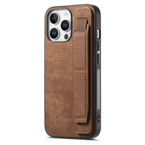Omio Designed for iPhone 16 Pro Max Leather Case with Stand & Strap, Wrist Strap Leather Back Cover Hard PC Shockproof Finger Grip Case for Men Women Girls, Brown - Image 1