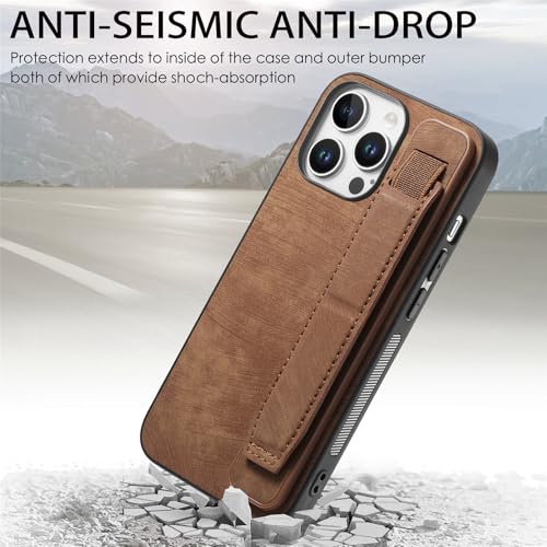 Omio Designed for iPhone 16 Pro Max Leather Case with Stand & Strap, Wrist Strap Leather Back Cover Hard PC Shockproof Finger Grip Case for Men Women Girls, Brown - Image 3
