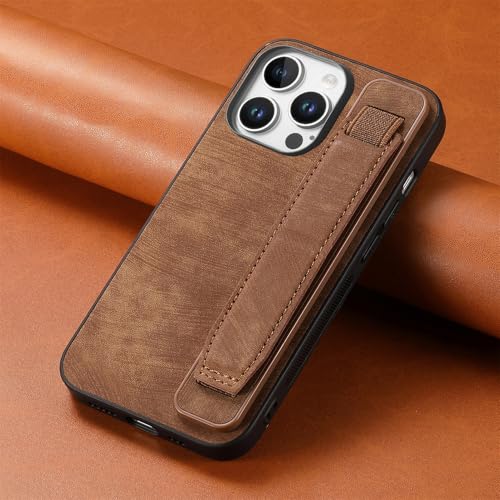 Omio Designed for iPhone 16 Pro Max Leather Case with Stand & Strap, Wrist Strap Leather Back Cover Hard PC Shockproof Finger Grip Case for Men Women Girls, Brown - Image 2