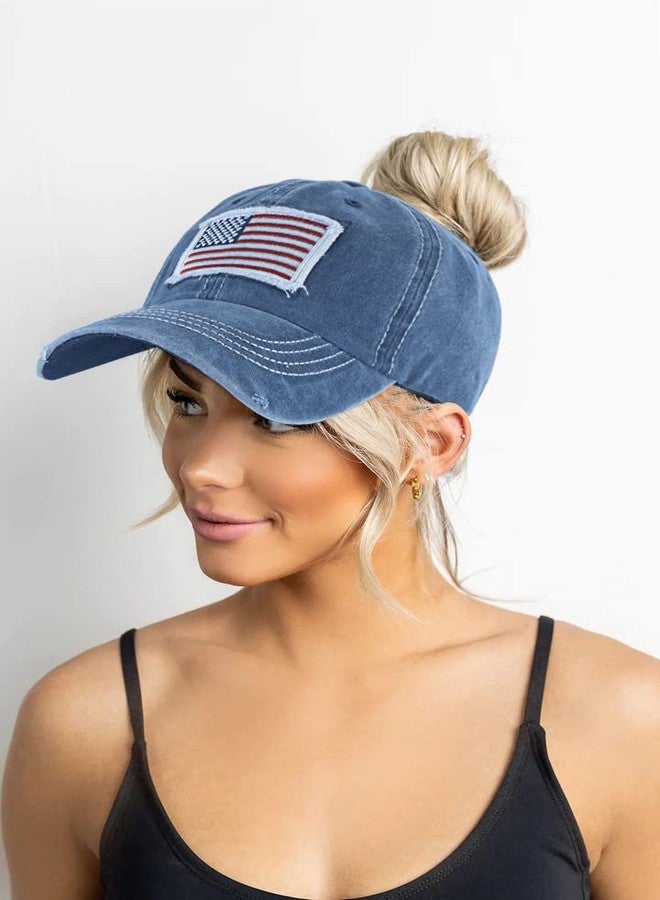 Pogah Distressed Ponytail Hat for Women American-Flag Pony Tail Caps High Bun (Navy, One Size) - Image 3