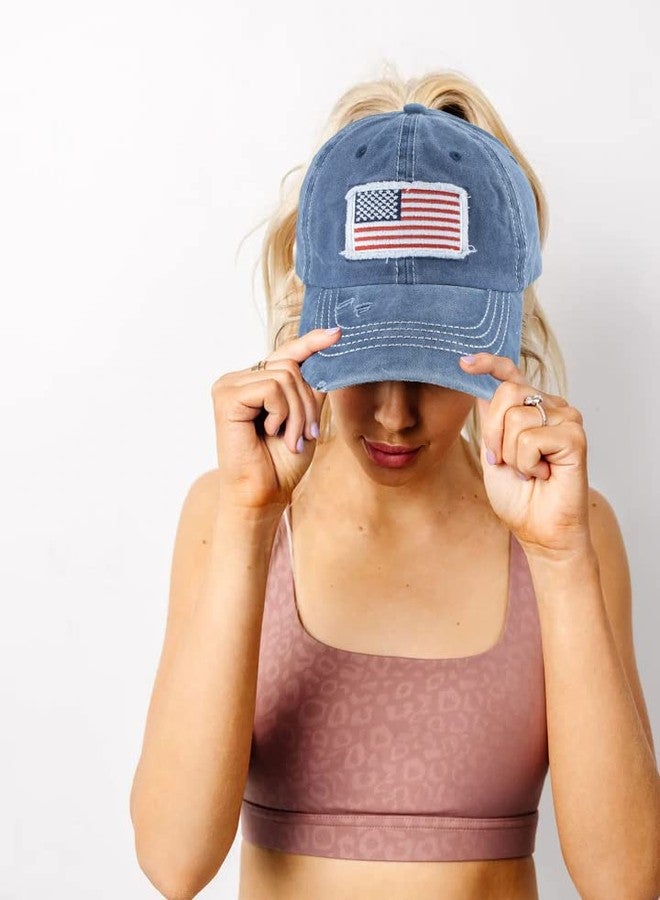 Pogah Distressed Ponytail Hat for Women American-Flag Pony Tail Caps High Bun (Navy, One Size) - Image 5