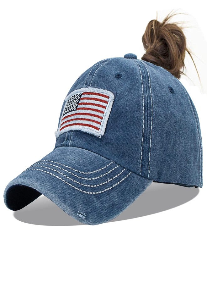 Pogah Distressed Ponytail Hat for Women American-Flag Pony Tail Caps High Bun (Navy, One Size) - Image 1