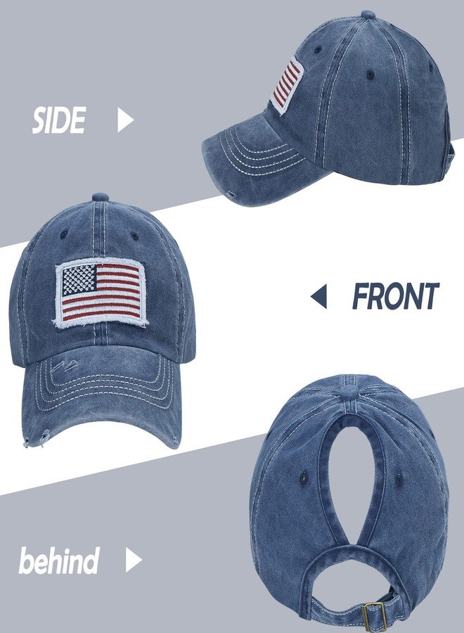 Pogah Distressed Ponytail Hat for Women American-Flag Pony Tail Caps High Bun (Navy, One Size) - Image 4