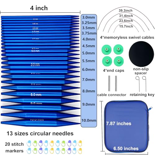 Hobekoee 13 Pairs Interchangeable Circular Knitting Needles Set 3mm10mm Interchangeable Aluminum Round Knitting Needles Set with 4 Swivel Cables for DIY Knitting Lovers - Image 3