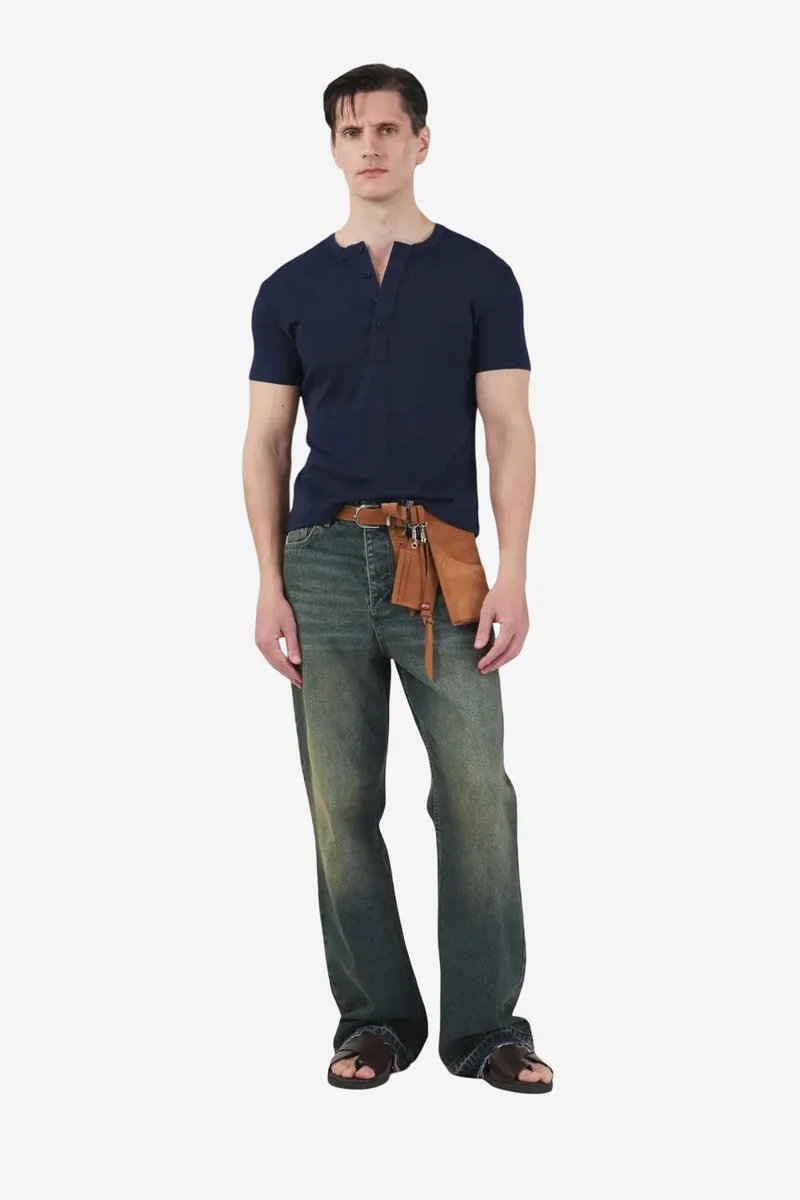 Giesto Navy Blue GIESTO Slim Fit Button-Up Crew Neck T-Shirt for Men | Best Price UAE