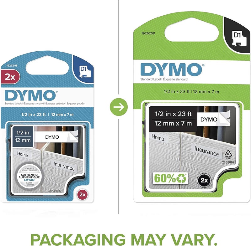 Dymo ملصقات D1 الأصلية 1/2 بوصة × 23 قدم لفة طباعة سوداء على شريط أبيض ذاتية اللصق لصانعي الملصقات LabelManager عبوة من 2 - Image 3