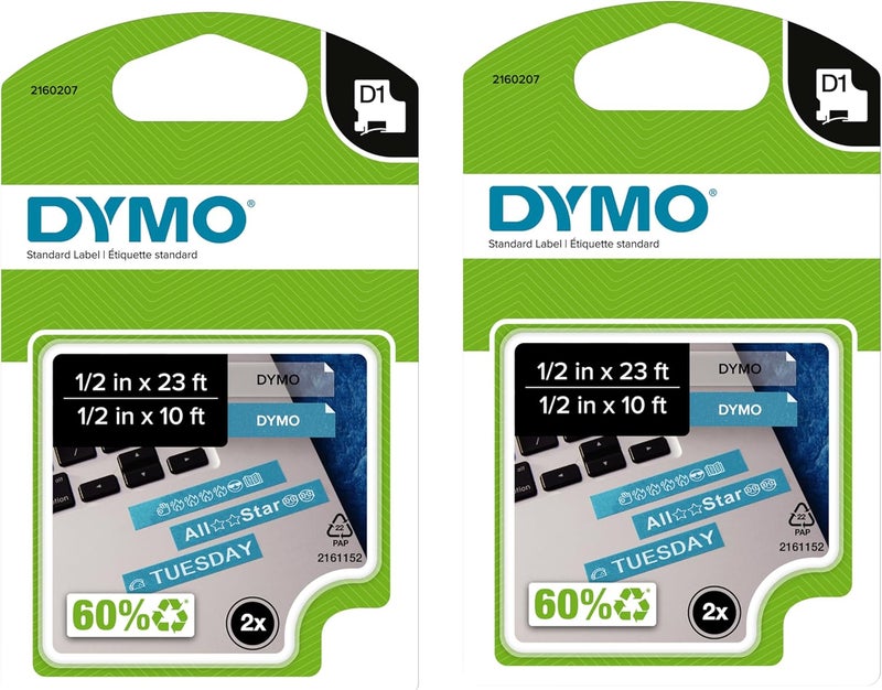 Dymo ملصقات D1 الأصلية 1/2 بوصة × 23 قدم لفة طباعة سوداء على شريط أبيض ذاتية اللصق لصانعي الملصقات LabelManager عبوة من 2 - Image 1