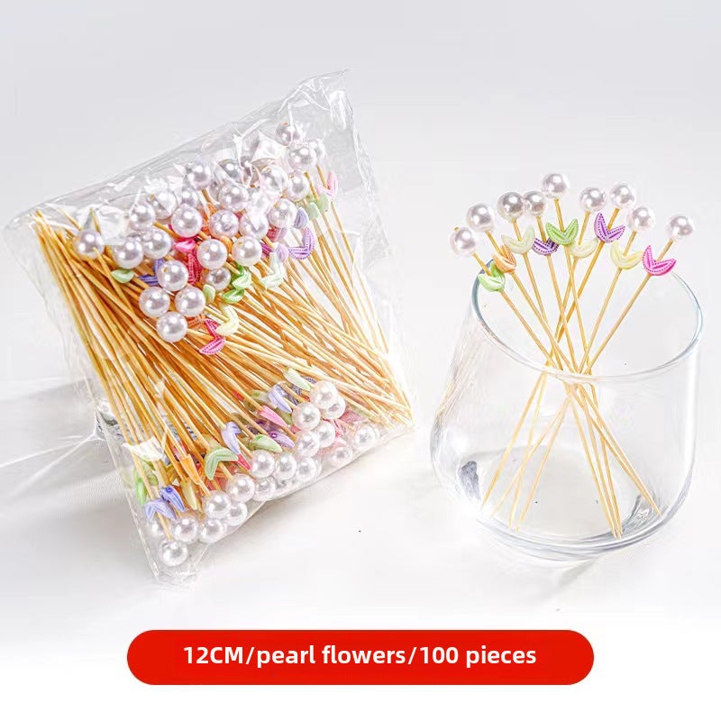 Bamboo Fruit Skewers Artistic Picks Cocktail Sticks Ivory White Pearl Flower 