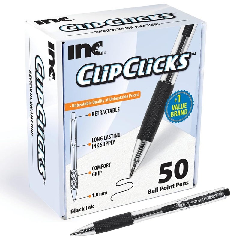 Inc ClipClicks Retractable Ballpoint Pens Bulk 10mm MediumPoint Pen Set With Comfort Grip for School Office Writing and Journaling 50 Count Black