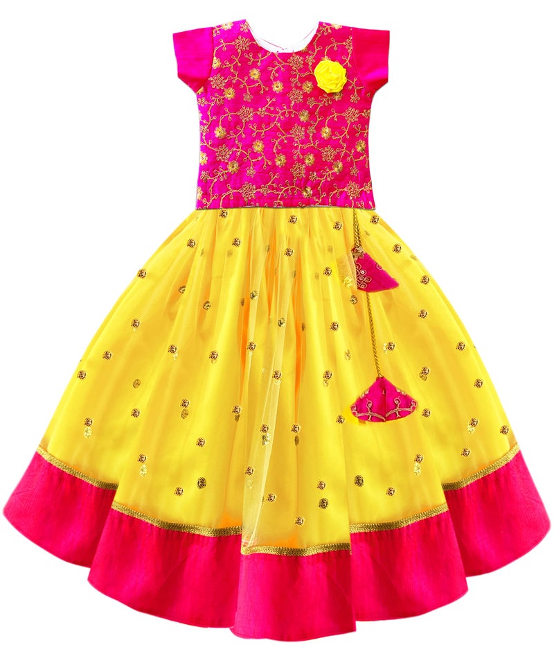 Stanwells Kids Girls Yellow & Pink Combo Lehenga Choli Set | Flared Readymade Dress with Sequins Embroidery | Traditional South Indian Outfit (2–3 Years) - Image 5