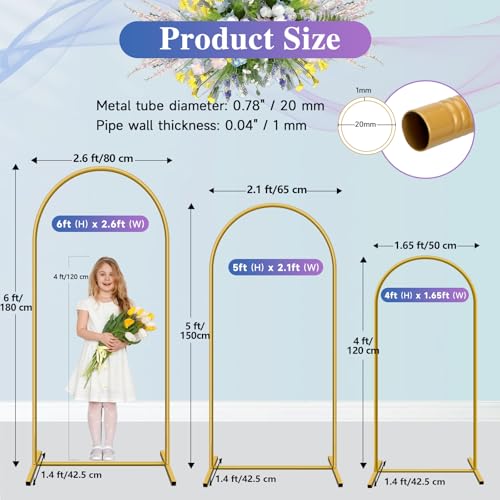 Hemmotop Metal Arch Backdrop Stand Set of 3, 6FT, 5FT, 4FT Party Arch Stands for Wedding, Birthday, Baby Shower, Bridal Shower - Balloon Arched Frame for Garden Decor, Gold Floral Arches, 3 Pieces - Image 2