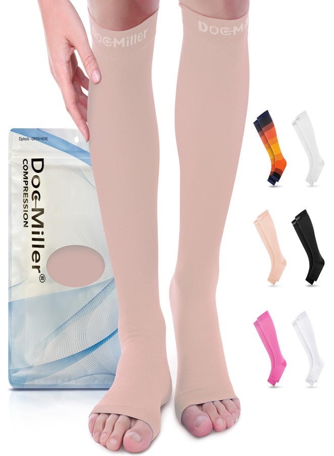 Doc Miller, Open Toe Compression Socks, 8-15 mmHg, Toeless, Support Circulation, Shin Splints, Calf Recovery, Varicose, Knee High, Medical Grade, Skin/Nude Socks, X-Large Size for Men & Women, Pair - Image 1