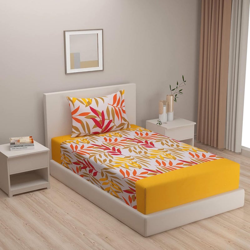 Swayam Shades of Paradise Collection Premium Cotton 200 TC Floral Print Cotton Single Bed Sheet with 1 Pillow Cover YellowGreenWhite - Image 1