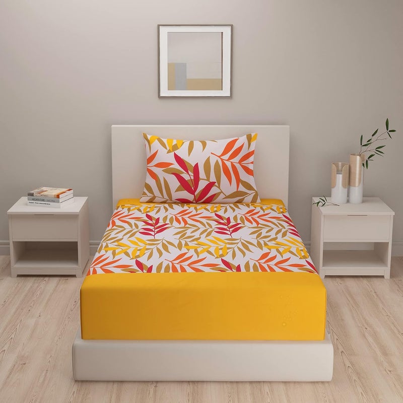 Swayam Shades of Paradise Collection Premium Cotton 200 TC Floral Print Cotton Single Bed Sheet with 1 Pillow Cover YellowGreenWhite - Image 2