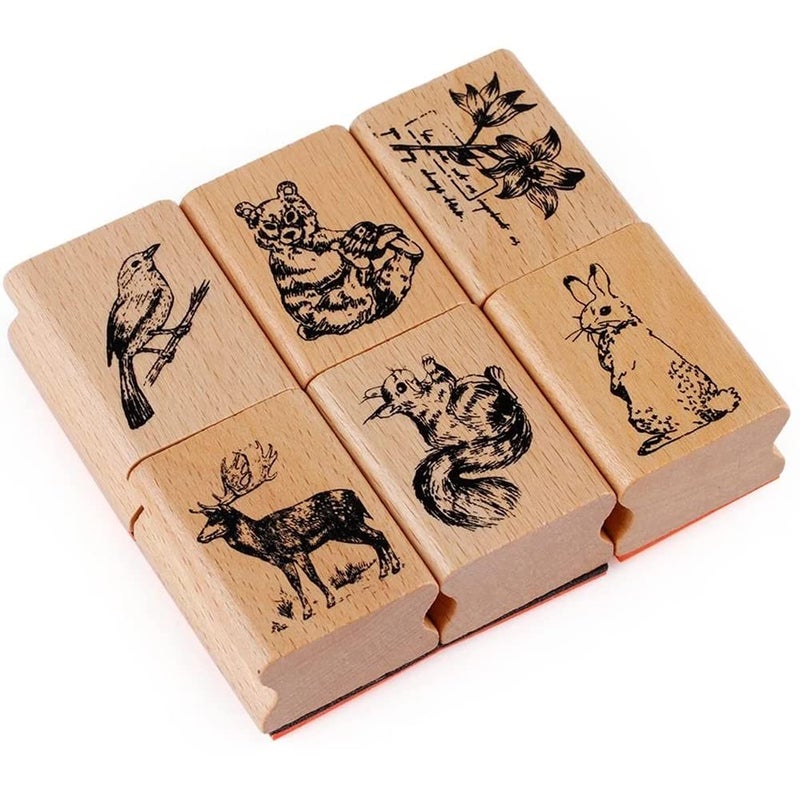 Tvoip 6Pcs Stylish Vintage Cute Animal Plant Wooden Rubber Stamps Scrapbooking Painting Cards Deer Panda Rabbit Flower Decor DIY Craft - Image 3