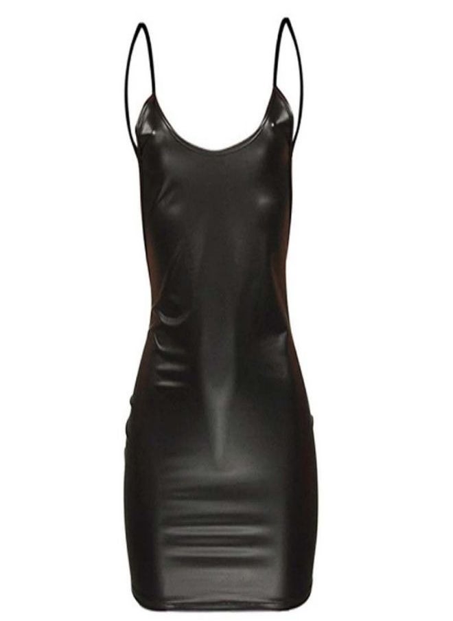 Ocean Tight Party Backless Suspender Mini Dress for Women's Babydolls Sleeveless Cropped Leather Skirt Black（size xxl）  - Image 1