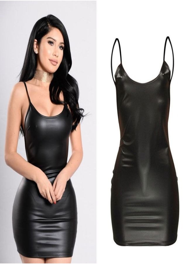 Ocean Tight Party Backless Suspender Mini Dress for Women's Babydolls Sleeveless Cropped Leather Skirt Black（size xxl）  - Image 2