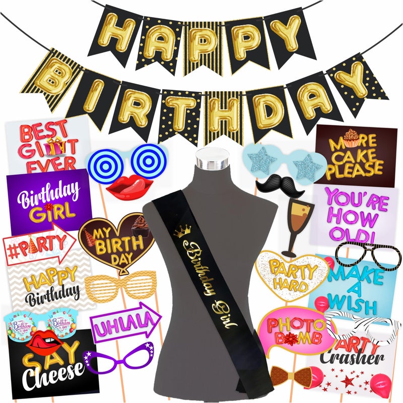 WOBBOX Wobbox Birthday Props, Party Props for Birthday, Birthday Photo Props, Birthday Banner, Happy Birthday Banner, Sash for Birthday, Happy Birthday Sash,Birthday Decoration Kit (28 Pcs) (Combo -FP4098)  - Image 1