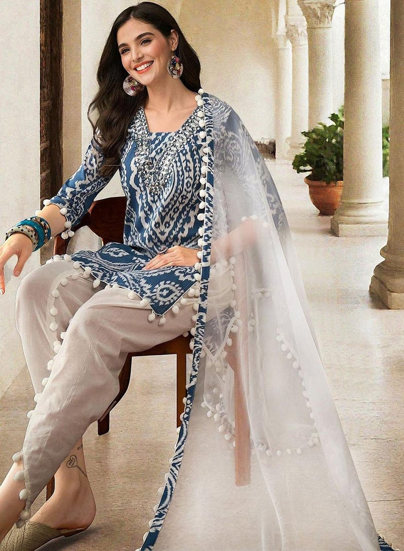 ISHIN Women's Blue 100% Cotton Printed Tunic Full Length Casual Straight Fit Kurta Set - Image 1