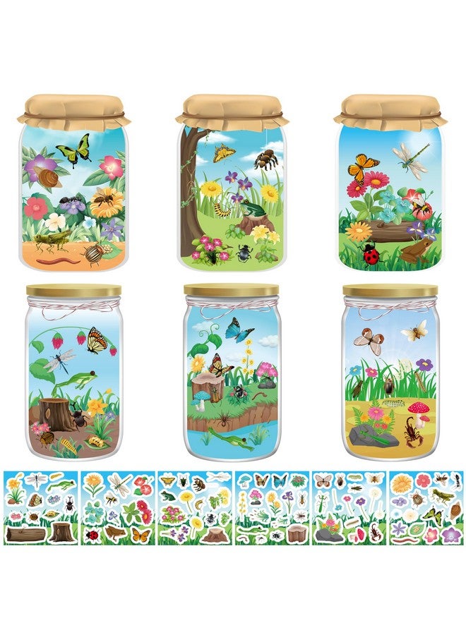 WATINC 24Pcs Insect Jar Scene Sticker Art Craft, Make Your Own Mix and Match Bug Stickers with Jar Scene, DIY Butterflies Frogs Flowers Bees Decals, Kids Game for Classroom Activity Party Supplies