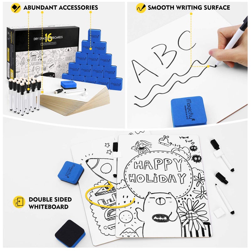 Magicfly لوحة بيضاء صغيرة مزدوجة الجوانب من ماجيك فلي، 9 × 12 بوصة، لوحات مسح جاف، عبوة كبيرة من 16 لوحة بيضاء صغيرة للطلاب والمعلمين والمكاتب، مع 16 قلم، 16 ممحاة و16 مشبك قلم - Image 4