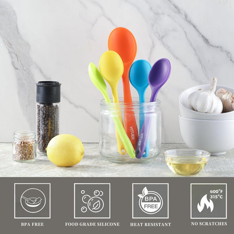 VITUER 5PCS Silicone Serving Spoons Set, Vituer Heat Resistant Kitchen Spoons for Cooking, Mixing, Stirring and Serving, Dishwasher Safe (5 Pack, Multicolor) - Image 5