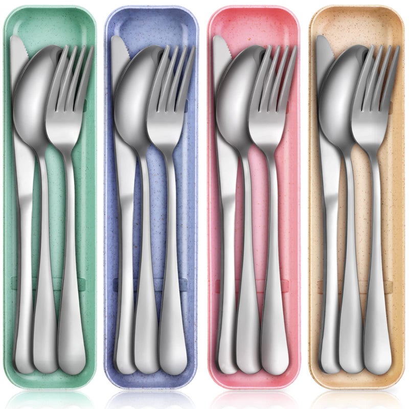Yinkin Yinkin 4 Pack Portable Travel Utensils Set with Case Reusable Stainless Steel Silverware Flatware Camping Cutlery Include Fork Spoon Knife for Work School Dishwasher SafeBlue Beige Green Pink