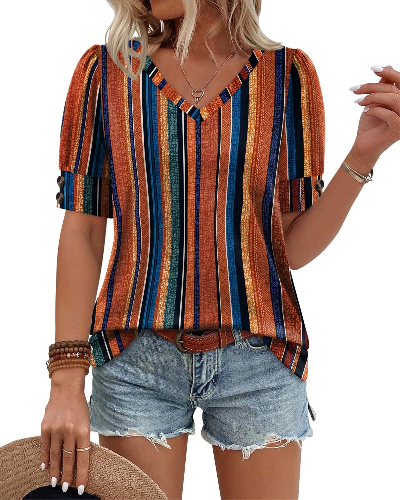 OFEEFAN Blouses for Women Dressy Casual Short Sleeve Shirts Business Office Outfits Spring Summer Fashion Clothing Plus Size Boho Tops Stripes 2XL - Image 2