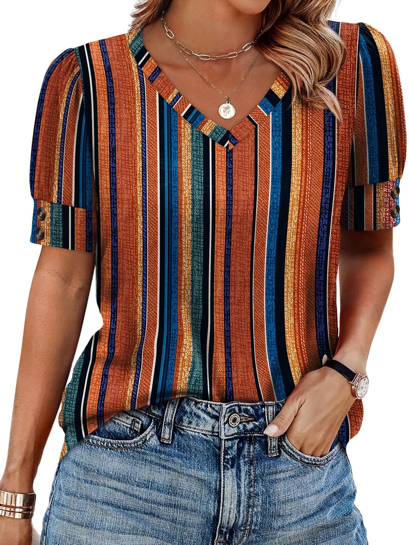 OFEEFAN Blouses for Women Dressy Casual Short Sleeve Shirts Business Office Outfits Spring Summer Fashion Clothing Plus Size Boho Tops Stripes 2XL - Image 1