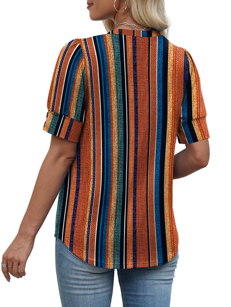 OFEEFAN Blouses for Women Dressy Casual Short Sleeve Shirts Business Office Outfits Spring Summer Fashion Clothing Plus Size Boho Tops Stripes 2XL - Image 5