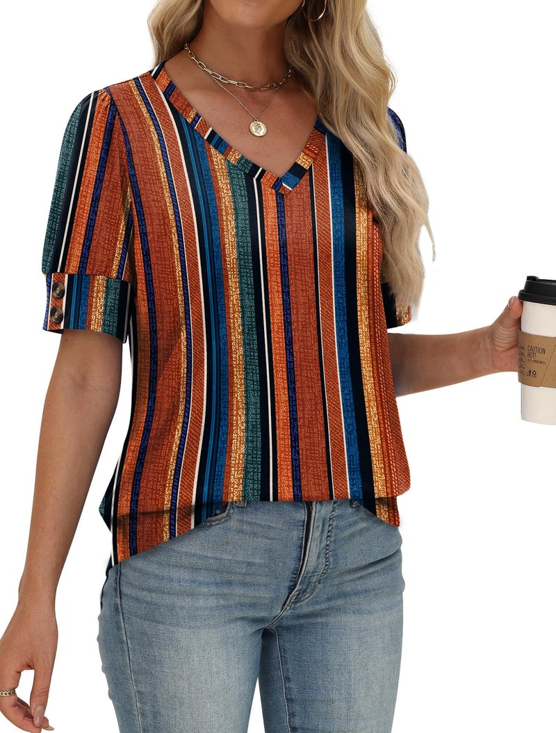 OFEEFAN Blouses for Women Dressy Casual Short Sleeve Shirts Business Office Outfits Spring Summer Fashion Clothing Plus Size Boho Tops Stripes 2XL - Image 3