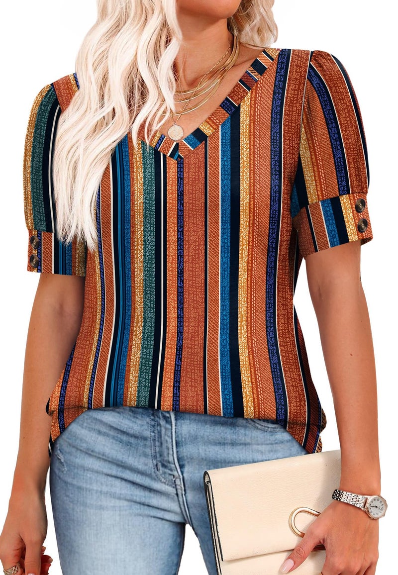 OFEEFAN Blouses for Women Dressy Casual Short Sleeve Shirts Business Office Outfits Spring Summer Fashion Clothing Plus Size Boho Tops Stripes 2XL - Image 4