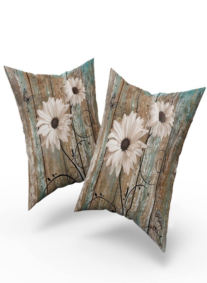 أغطية وسائد Giwawa Rustic Daisy Board مقاس 18 × 18 بوصة عباد الشمس الأبيض على لوح خشبي على الطراز العتيق مجموعة من 2 أغطية وسائد بسحاب مخفي للأريكة وسادة أريكة غرفة النوم ديكور المنزل - Image 2