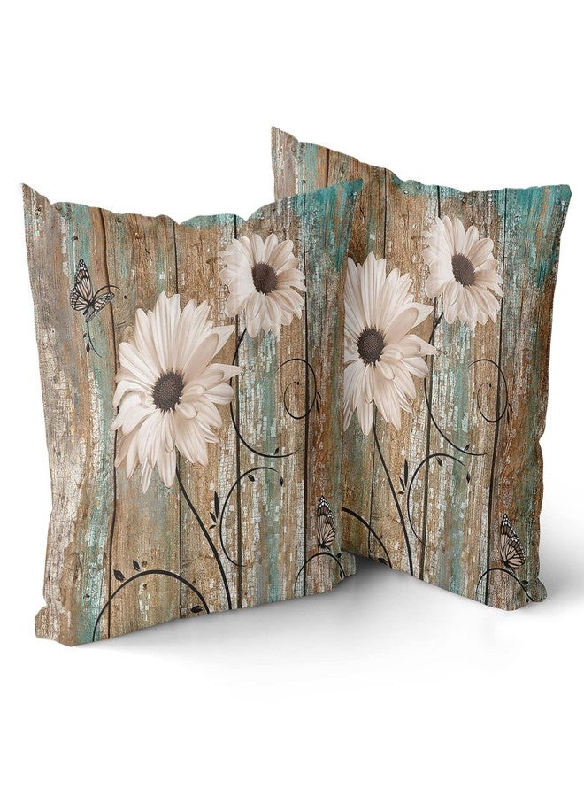 أغطية وسائد Giwawa Rustic Daisy Board مقاس 18 × 18 بوصة عباد الشمس الأبيض على لوح خشبي على الطراز العتيق مجموعة من 2 أغطية وسائد بسحاب مخفي للأريكة وسادة أريكة غرفة النوم ديكور المنزل - Image 1