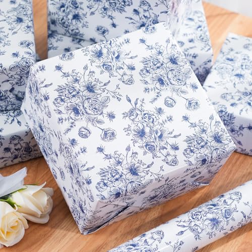 Ulmasinn Blue Floral Wrapping Paper Roll - 17 Inches x 33 Feet - Vintage Toile Blue Floral Design with Cut Lines for Upscale Gifts, Birthday, Valentine's Day, Wedding, Mother’s Day - Image 5