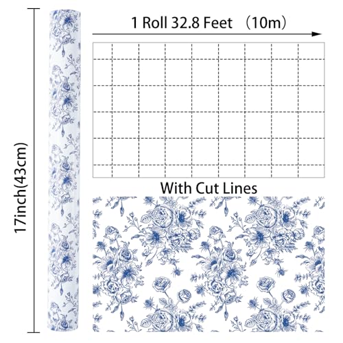 Ulmasinn Blue Floral Wrapping Paper Roll - 17 Inches x 33 Feet - Vintage Toile Blue Floral Design with Cut Lines for Upscale Gifts, Birthday, Valentine's Day, Wedding, Mother’s Day - Image 3