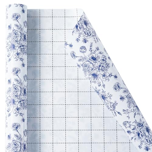 Ulmasinn Blue Floral Wrapping Paper Roll - 17 Inches x 33 Feet - Vintage Toile Blue Floral Design with Cut Lines for Upscale Gifts, Birthday, Valentine's Day, Wedding, Mother’s Day - Image 2
