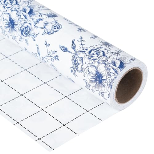 Ulmasinn Blue Floral Wrapping Paper Roll - 17 Inches x 33 Feet - Vintage Toile Blue Floral Design with Cut Lines for Upscale Gifts, Birthday, Valentine's Day, Wedding, Mother’s Day - Image 1