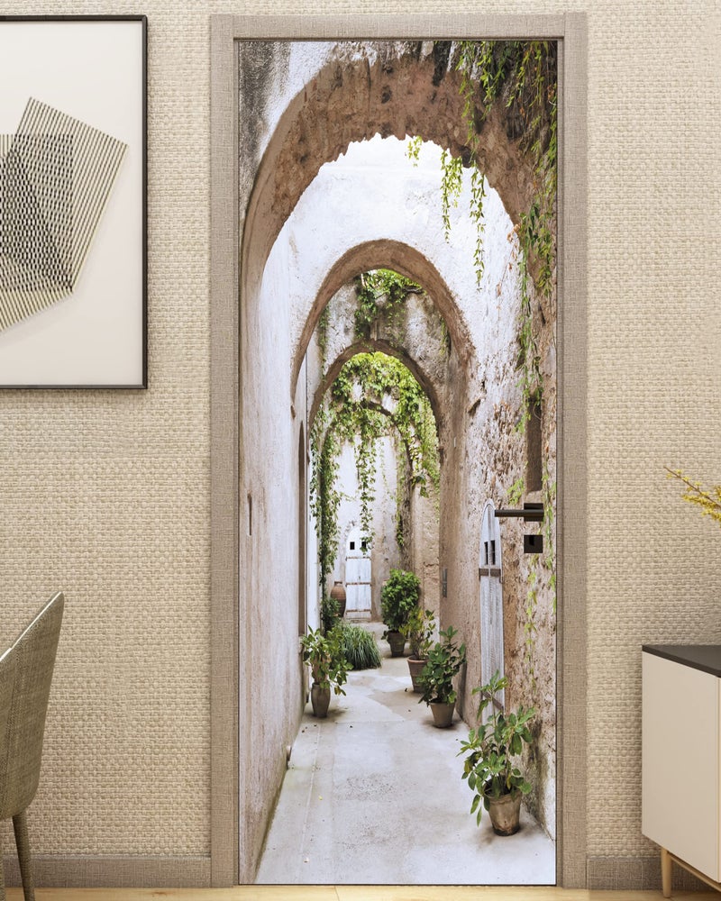 FLFK 3D Door Mural - Arch-Shaped Corridor Peel & Stick Door Wallpaper, Removable Self-Adhesive, Set of 2 Sheets 30.3" W x 78.7" L