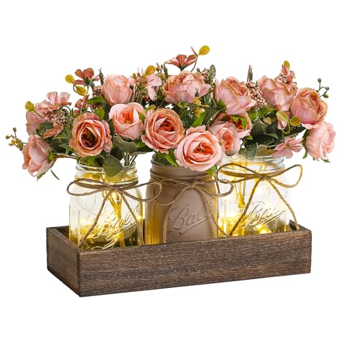 DUO ER DUOER 3 Pcs Mason Jar Centerpiece Table Decorations for Dining Table Decor Farmhouse Coffee Table Decor with Wood Tray and Led Light Table Centerpieces for Dining Room Kitchen Living Bathroom,Pink - Image 1
