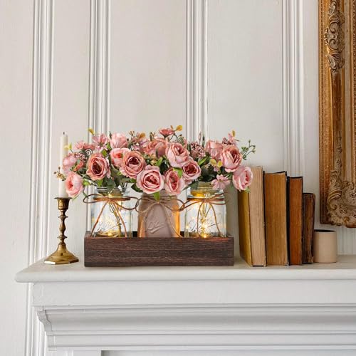 DUO ER DUOER 3 Pcs Mason Jar Centerpiece Table Decorations for Dining Table Decor Farmhouse Coffee Table Decor with Wood Tray and Led Light Table Centerpieces for Dining Room Kitchen Living Bathroom,Pink - Image 5