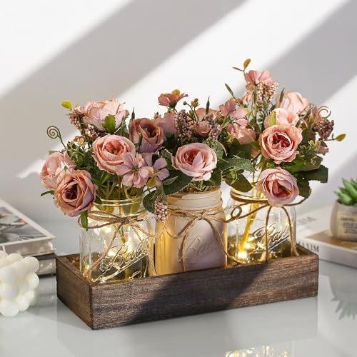 DUO ER DUOER 3 Pcs Mason Jar Centerpiece Table Decorations for Dining Table Decor Farmhouse Coffee Table Decor with Wood Tray and Led Light Table Centerpieces for Dining Room Kitchen Living Bathroom,Pink - Image 2