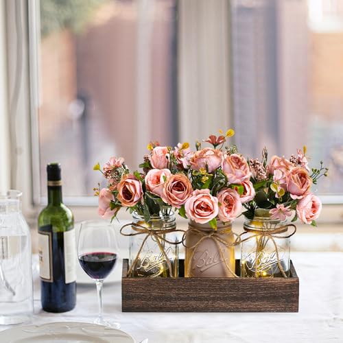 DUO ER DUOER 3 Pcs Mason Jar Centerpiece Table Decorations for Dining Table Decor Farmhouse Coffee Table Decor with Wood Tray and Led Light Table Centerpieces for Dining Room Kitchen Living Bathroom,Pink - Image 4