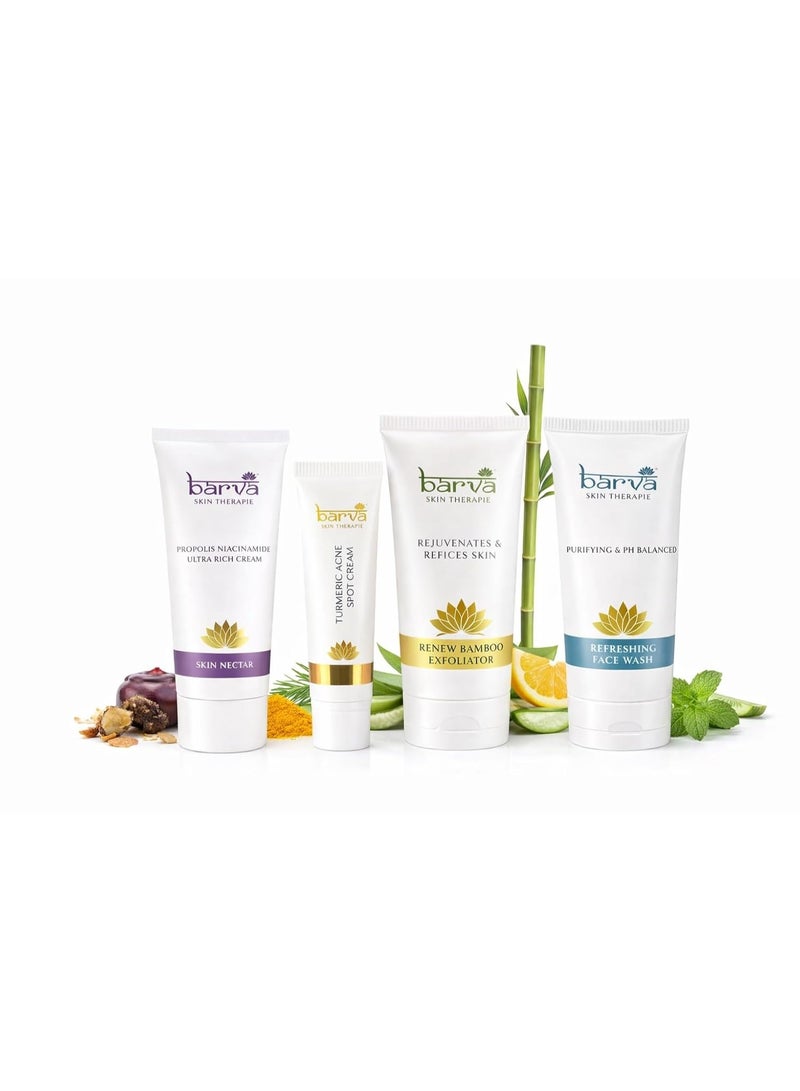 Barva Anti Acne Special Combo Kit | Face Wash 50ml, Face Scrub 50ml, Skin Nectar Anti Ageing Cream 50ml & Acne Spot Cream 10ml | Complete Skincare Routine | Suits All Skin Types - Image 1