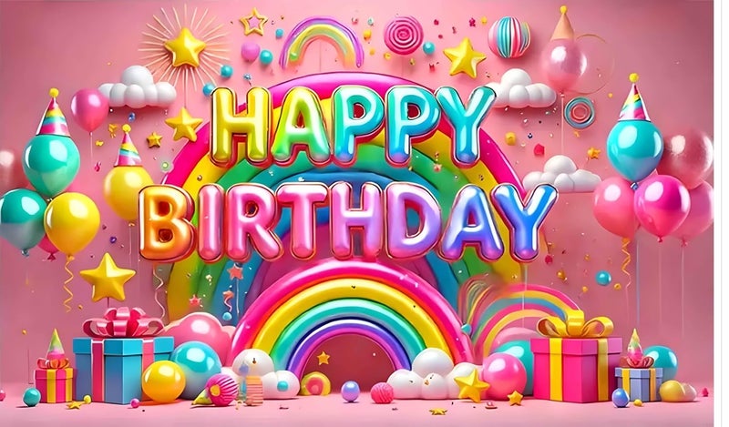 Backdropon خلفية تصميم عيد ميلاد سعيد بموضوع البالونات وقوس قزح لتزيين عيد الميلاد / قماش ستارة خلفية للحفلات / المهرجانات بحجم 5 أقدام ارتفاع و 8 أقدام عرض (5 * 8) - Image 1